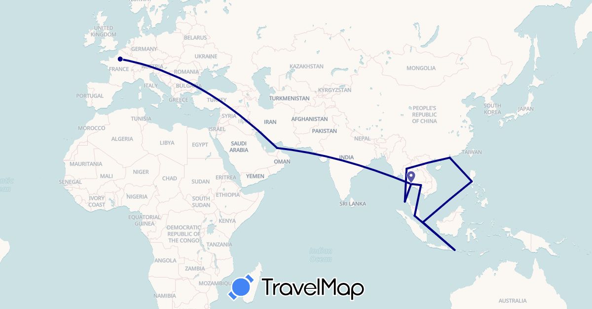 TravelMap itinerary: driving in United Arab Emirates, France, Indonesia, Cambodia, Macau, Malaysia, Philippines, Thailand (Asia, Europe)
